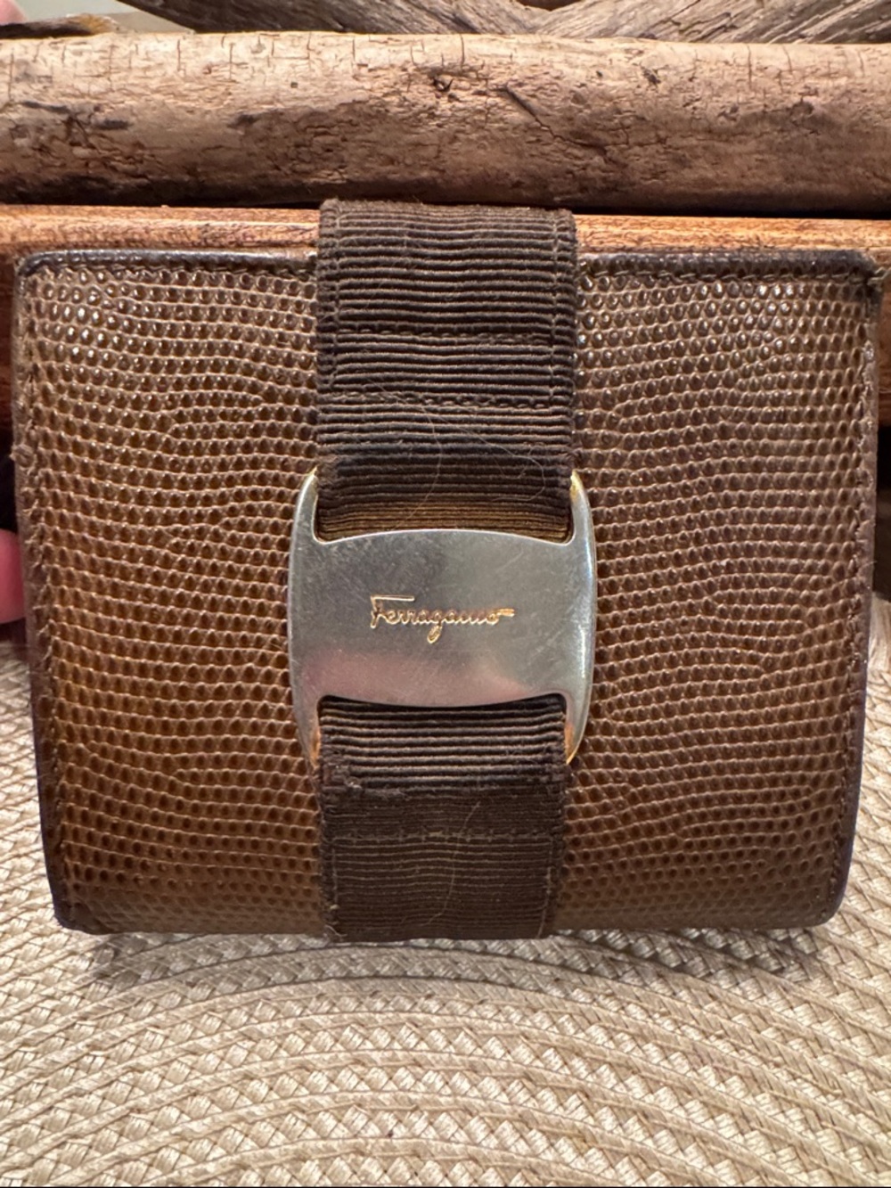Salvatore Ferragamo Brown Textured Leather Wallet with Signature Silver Buckle